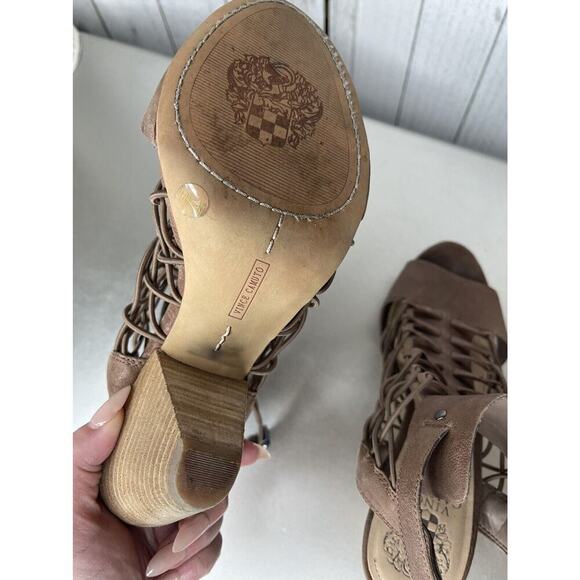 Vince Camuto Leather Caged Strappy Peep Toe Heels Size 10 Brown Gladiator - Picture 4 of 7